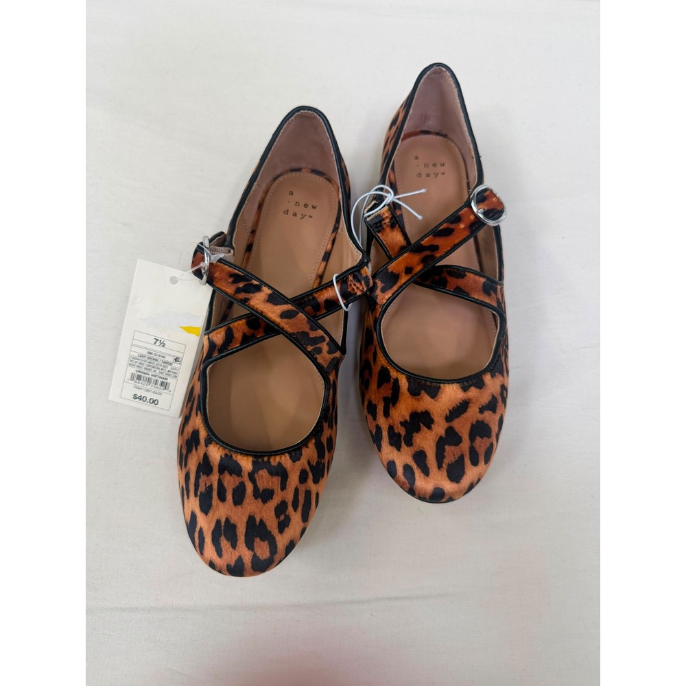 A‎ New Day Tamsin Leopard Print Crisscross Mary Jane Ballet Flats Brown 7.5